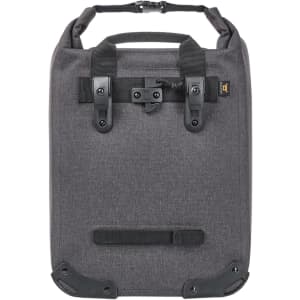 A grey cycle bike bag with a sturdy handle, adjustable straps, and a sleek design. Features a logo on the front.