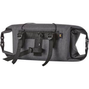 A dark grey bicycle handlebar bag with adjustable straps and a sleek design. It features a small logo on the side.