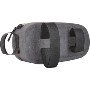 A grey bicycle frame bag featuring adjustable straps and a zippered closure, with a logo on the side.