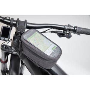 A grey bicycle frame bag mounted on the handlebars, featuring a transparent touchscreen compartment for a smartphone.