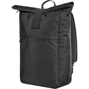 A black laptop backpack featuring a roll-top closure, zippered pockets, and a logo on the front.