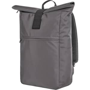 A grey laptop backpack with a roll-top closure and a front zip pocket, featuring a logo on the exterior.