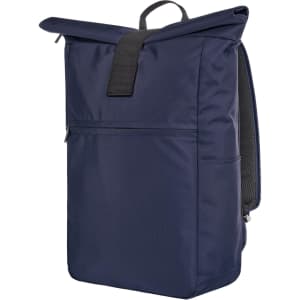 A navy blue laptop backpack featuring a roll-top design and a front zip pocket. It includes a logo on the front.
