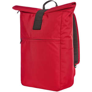 A red backpack with a roll-top closure, featuring a front zip pocket and a mesh back panel. It has a logo.