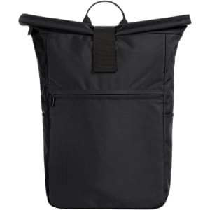A black laptop backpack featuring a roll-top design with a front zip pocket and a handle on top.