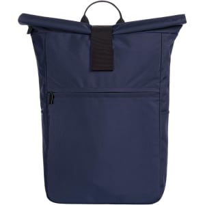 A navy blue roll-top laptop backpack with a front zip pocket and a logo.