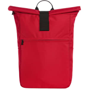 A red laptop backpack with a roll-top design, featuring a front zip pocket and a carry handle.