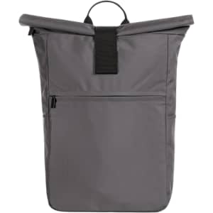 A grey laptop backpack with a roll-top design, featuring a front zip pocket and a handle on top.