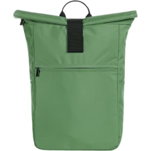 A green backpack featuring a roll-top design, with a front zip pocket and a carrying handle. It has a logo on it.