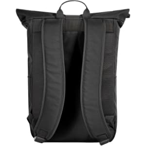 A black laptop backpack featuring adjustable shoulder straps and a top handle, with a simple design and no visible logos.