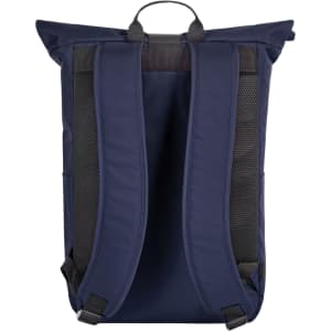 A navy blue laptop backpack with padded shoulder straps and a top handle. It features a mesh back panel for comfort.