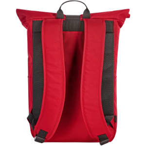 A red laptop backpack featuring padded shoulder straps and a top handle, with a textured backing for comfort.