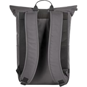 A grey laptop backpack with padded shoulder straps and a top handle, featuring a sleek, minimalist design.