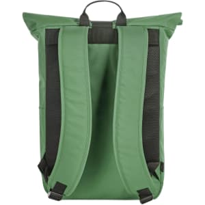 A green laptop backpack with black padded straps and a smooth exterior, featuring a top handle and a minimalist design.