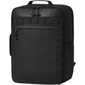 A black backpack with multiple compartments, zippers, and a side pocket, featuring a logo on the front.