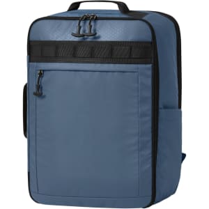 A blue active travel backpack featuring a front pocket and side pouch, with a logo on the front.