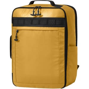 A yellow Active Travel Backpack featuring a front pocket, side pocket, and a logo on the upper part.
