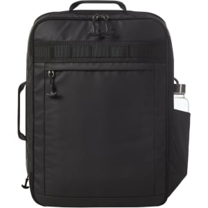A black backpack with a side pocket for a drink bottle and a simple logo on the front.