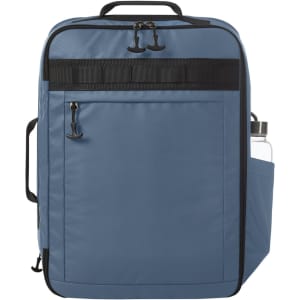 A blue backpack with a front pocket and a side compartment for a drink bottle, featuring a logo.