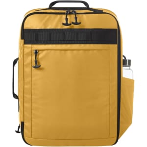 A yellow backpack with a black accent, featuring a side pocket for a drink bottle and a logo.