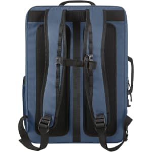 A blue backpack featuring black mesh panels, adjustable straps, and a handle on top. It has a logo on the front.