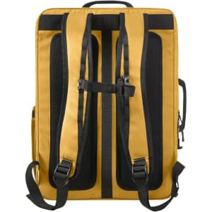 A yellow backpack with black mesh panels and straps, featuring a top handle and various compartments.