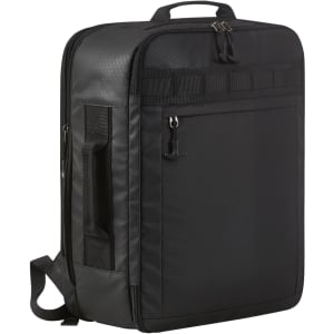A black active travel backpack featuring multiple compartments and a sturdy handle, with a side pocket and a logo.