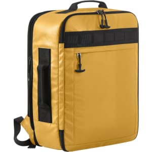 A yellow active travel backpack features a large main compartment, zippered pocket, and a logo. It's designed for versatility.