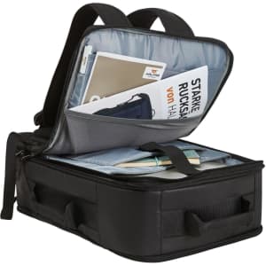 A black Active Travel Backpack with multiple compartments, showcasing documents and a padded interior. Features a branding logo.