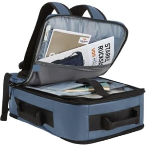 A blue backpack with multiple compartments, open to reveal notebooks, documents, and a logo branding.
