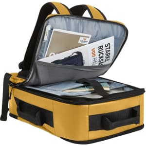 A yellow Active Travel Backpack with multiple compartments, filled with documents and a laptop sleeve, featuring a logo.