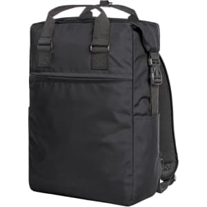A black laptop backpack with adjustable straps, a front pocket, and padded back for comfort. Features a logo.