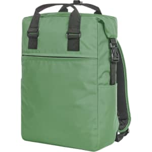 A green daily notebook backpack with adjustable straps, featuring a front pocket and side compartments.