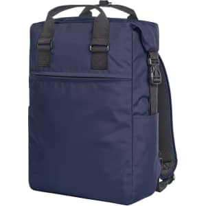 A navy blue backpack with adjustable straps and a front pocket, featuring a logo on the side.