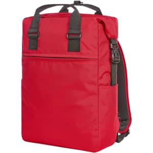 A red laptop backpack with adjustable straps, a front pocket, and a textured back panel. It features branding.