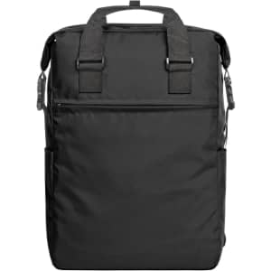 A black laptop backpack featuring two shoulder straps, a top handle, and multiple pockets.