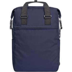 A navy blue laptop backpack featuring adjustable straps and a front zip pocket, with side pockets and a branding logo.