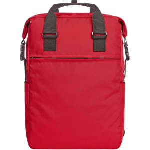 A red backpack with adjustable straps, featuring a front zip pocket and side compartments. It has a logo displayed.