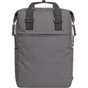 A grey backpack with adjustable straps and a front zip pocket, featuring a side pocket and a logo.