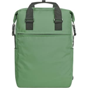 A green laptop backpack featuring adjustable straps, a front zip pocket, and side pockets. Includes a logo.