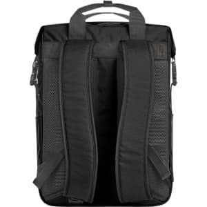 A black laptop backpack featuring padded shoulder straps and a top handle. It includes a logo on the front.