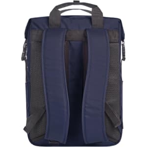 A navy blue laptop backpack featuring padded shoulder straps and a mesh back panel. It includes a branding logo.