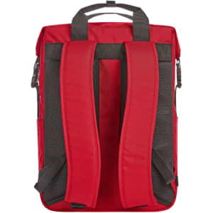 A red backpack with padded straps and a structured design, featuring mesh backing for comfort. It includes side pockets and branding.