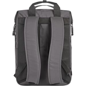 A grey backpack with padded shoulder straps and a mesh back for comfort, featuring an organisational design and a logo.