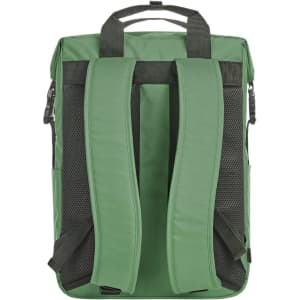 A green laptop backpack with padded mesh shoulder straps and a top handle, featuring a simple design and a logo.