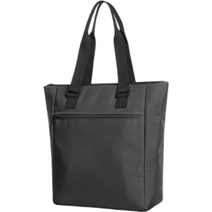 A black cooler bag with two sturdy handles and a front zip pocket, featuring a logo.