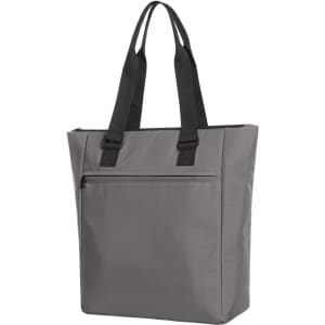 A grey cooler bag with black straps and a front zip pocket, featuring a logo.
