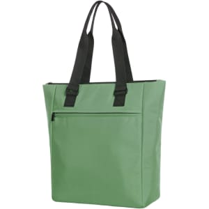 A green cooler bag featuring black handles and a zipped front pocket, designed for carrying beverages and snacks.