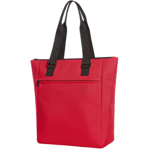 A red cooler bag with black handles and a zip pocket on the front, featuring a logo.