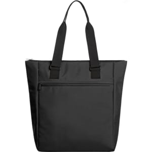 A black cooler bag with two handles and a zip pocket on the front, featuring a logo.